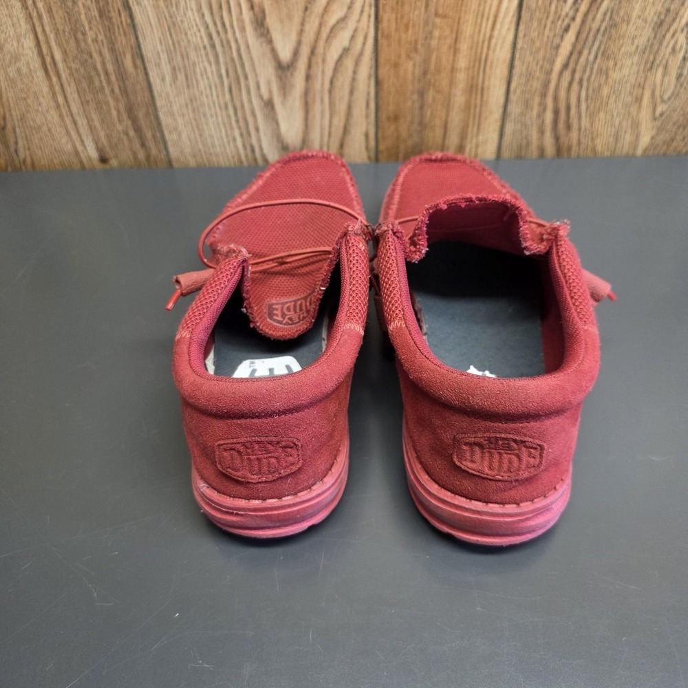 Hey Dude Shoes Mens 7 Red Canvas Wally Funk Mono Slip On Loafers Casual Comfort - Picture 5 of 7